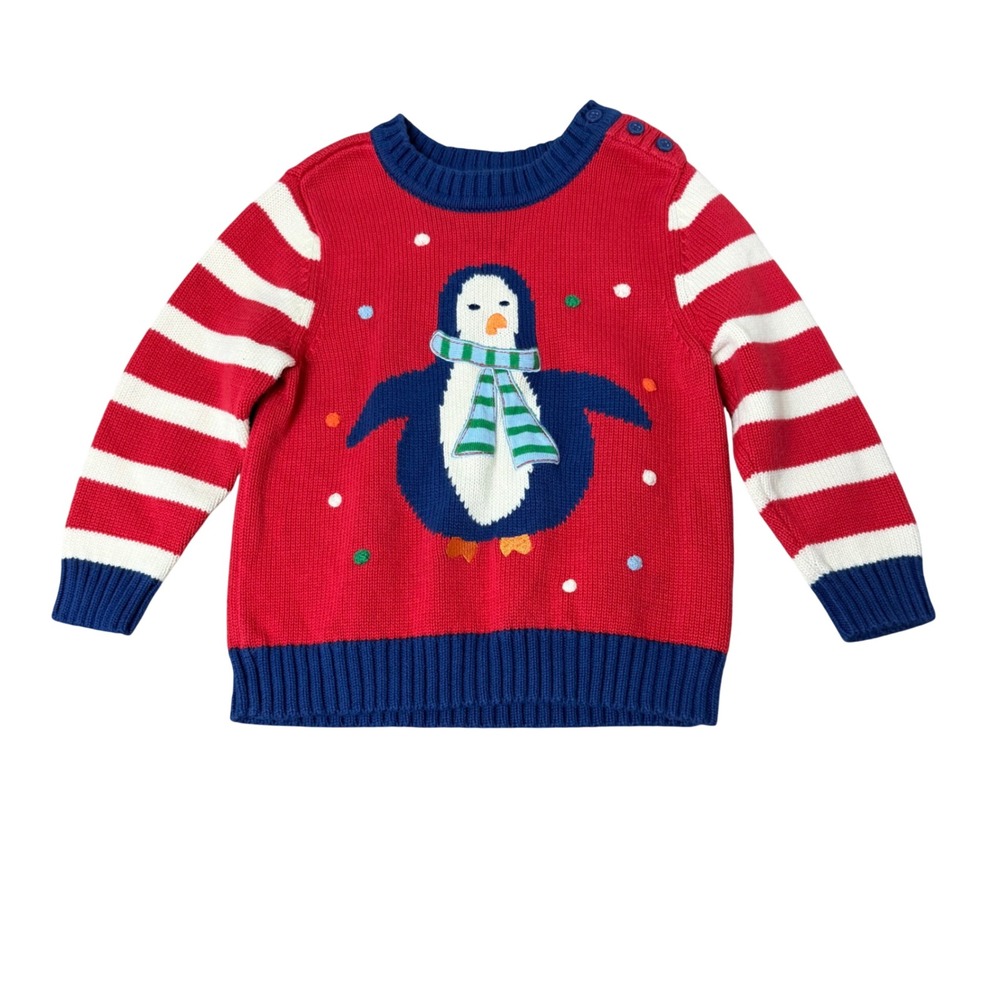 NEW Hanna Andersson Kids Penguin Striped Cotton Knit Sweater Red Blue Sz 100 4T